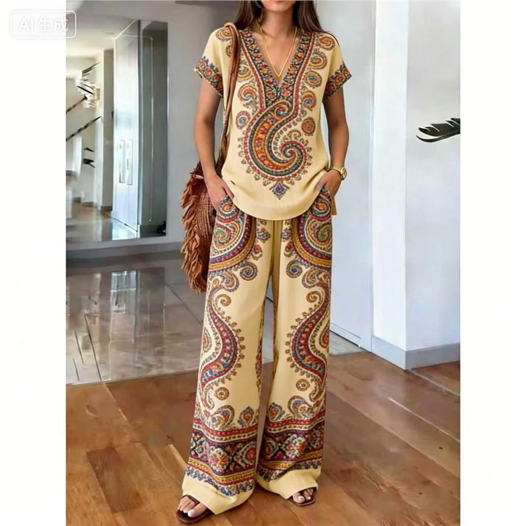 Y116 Summer Loose Top and Wide-Leg Pants Two-Piece Set Women's Fashion European and American Fashion Set