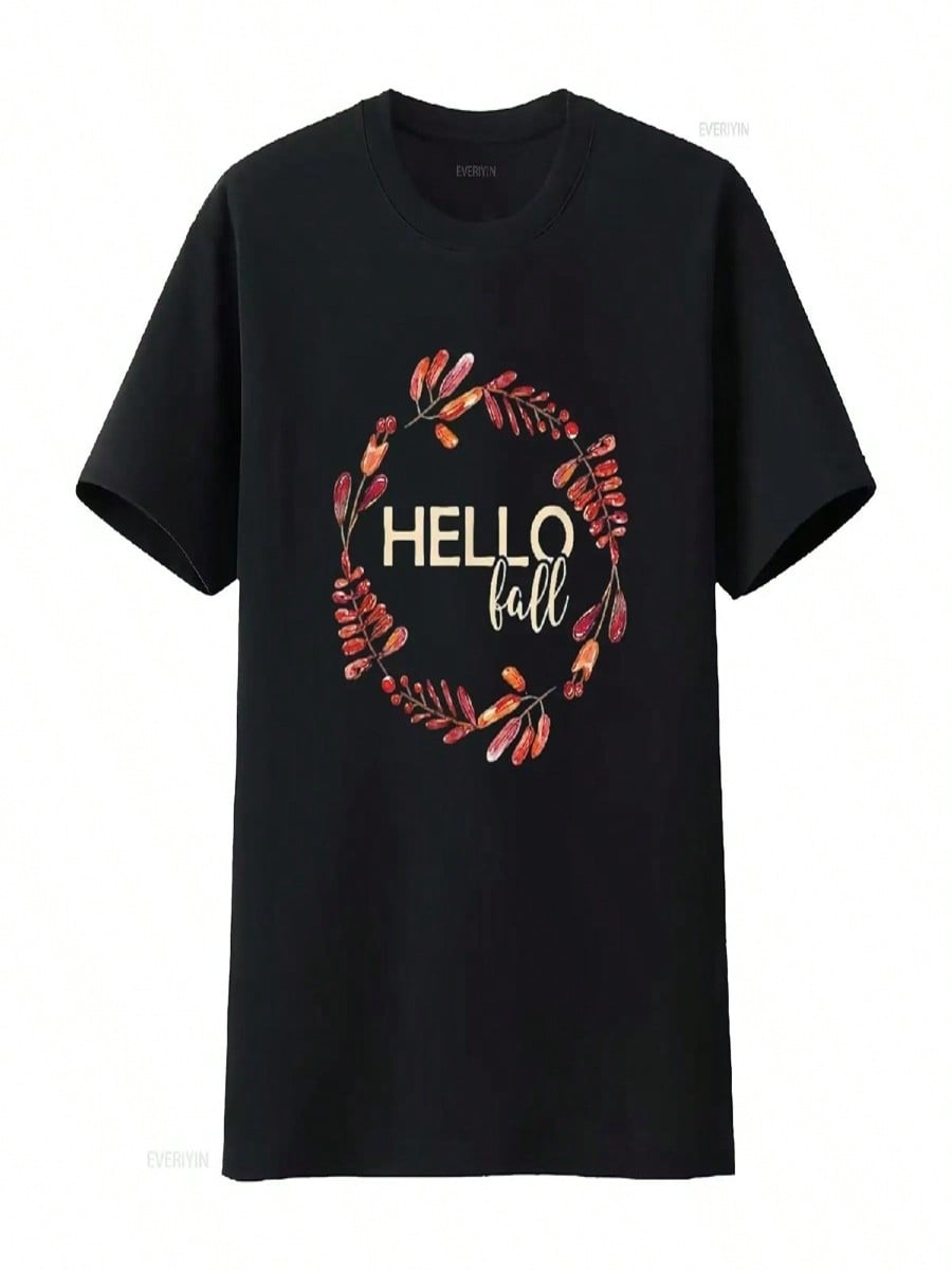 Hello Fall Autumn Watercolor Leaves Wreath Wounisex T Shirt Black M Vintage Washed Versatile Homme Designer Clothes Stylish S разноцветный
