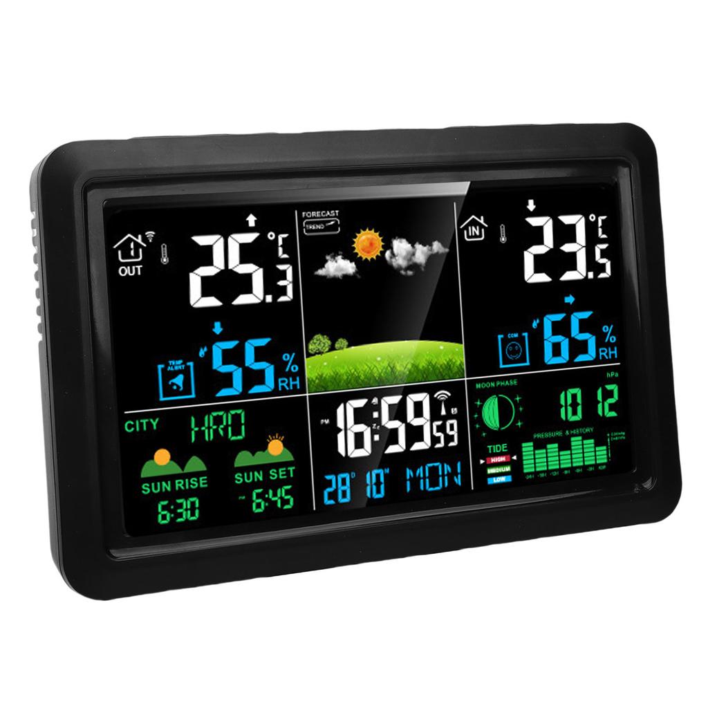Weather Forecast Station Wireless 7.5 Inch Color Display Multi Functional Indoor Outdoor Thermometer Atomic Clock EU