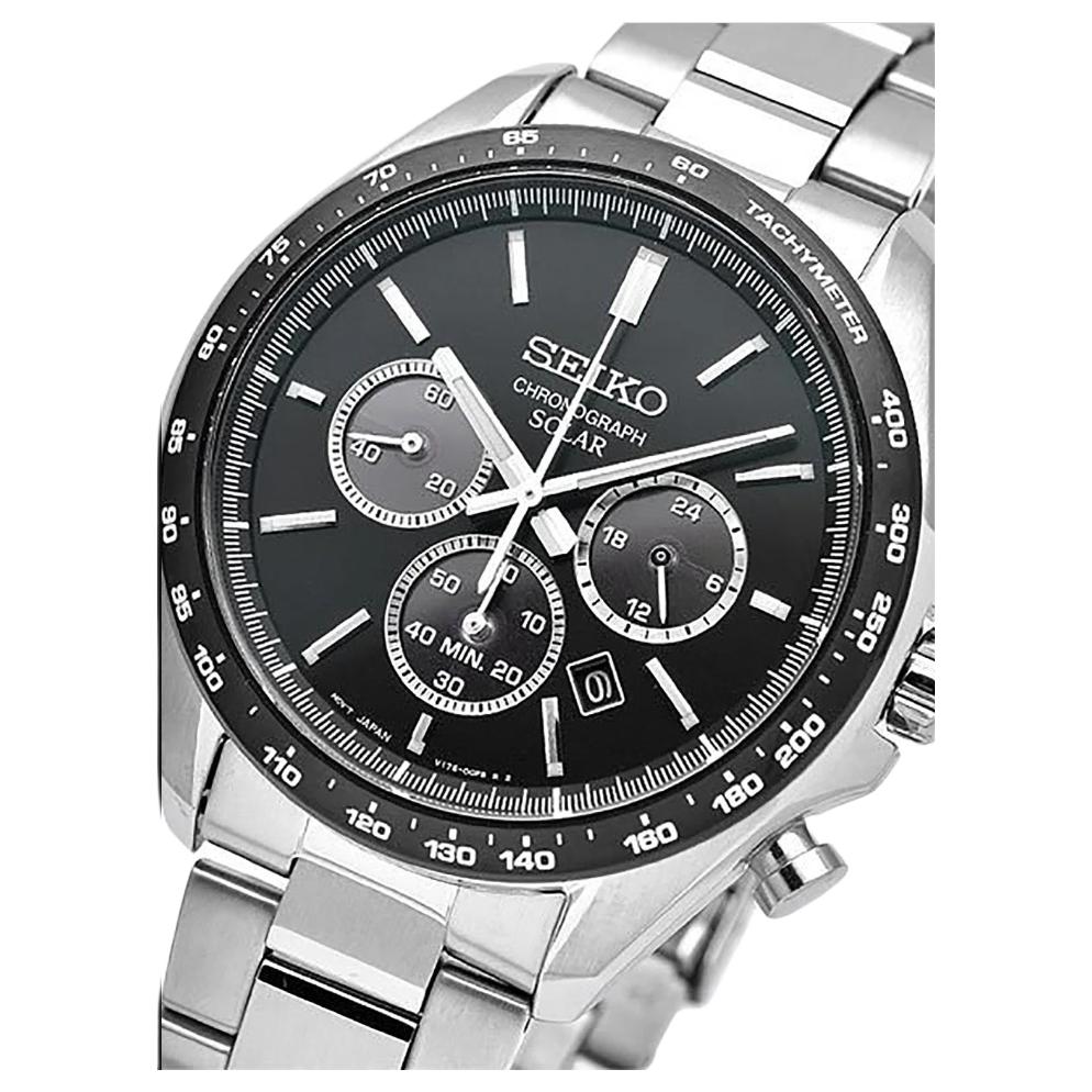 Seiko Stainless Steel Watch Band 100m Waterproof Black Dial Silver Band Quartz Watch Solar Quartz Movement Men watches SBPY167
