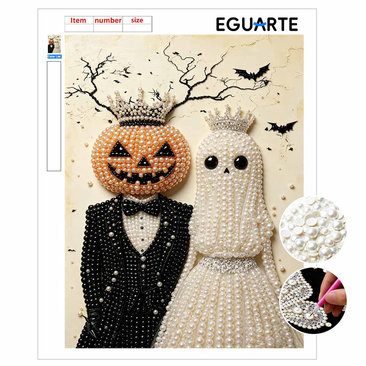 DIY Frameless Pearl Painting Kit Pumpkin Ghost Couple Pattern 3D Shiny Bead Art Canvas Relaxing Creative Home Decor Gift 30x40cm