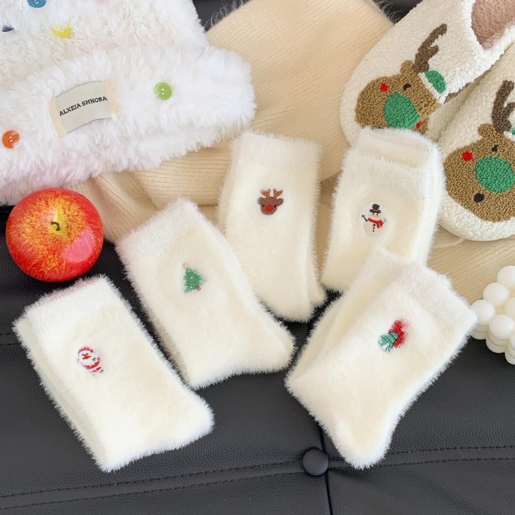 10-1 Pairs Autumn and Winter Socks, Children's White Mink Fur Christmas Socks, Snowman Santa Claus Christmas Tree Elements, Thickened Warm Socks