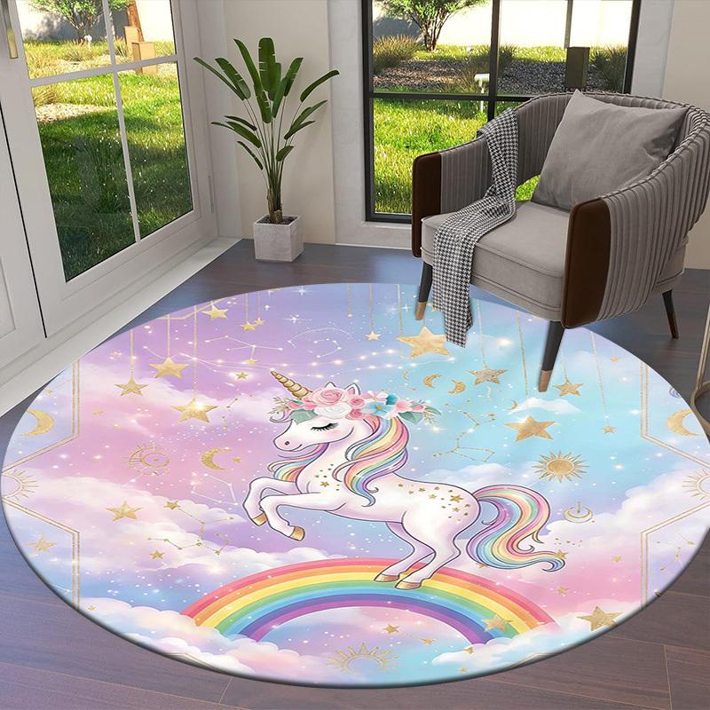1PC Unicorn Rainbow Non-Slip Floor Round carpet, Office, family, bedroom, Large Area Rug Indoor Rugs, Durable Polyester-L0356