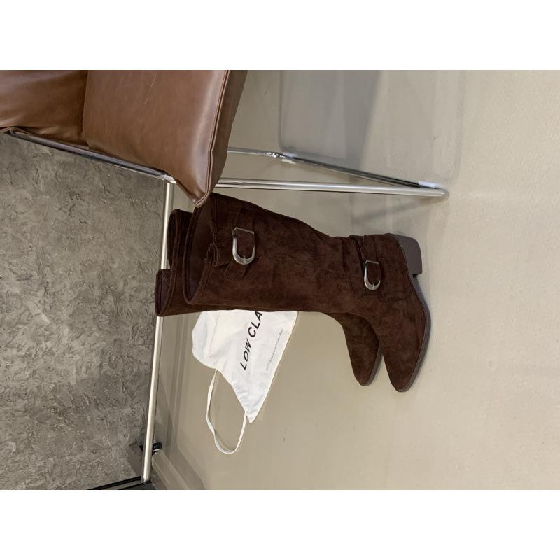 

2025 новая мода британский стиль пряжка ремня сращивание западные ковбойские сапоги острый носок толстый каблук рукав модный рыцарь 39 темно-коричневого