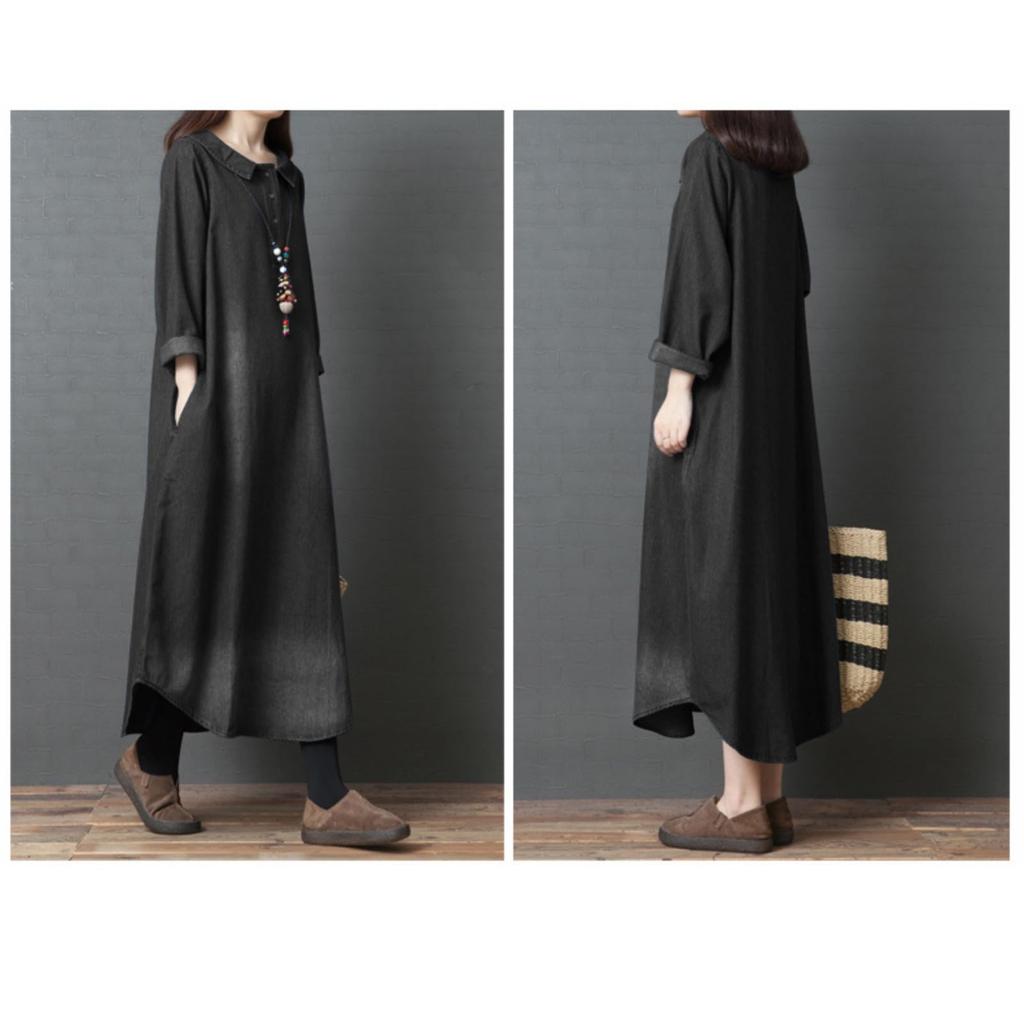 JINJUDUO Denim Long Loose Long with Office Winter Women's Dress, Sleeve, 100% Cotton, Fit, Length, Slimming, All-Season Pullover, Pockets, Casual,