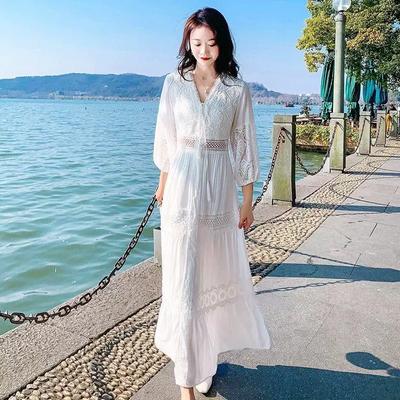 Chinese Style Long Retro Vacation White Dress with Spring and Autumn Temperament, Fairy Tassel Tie Dye White Long Skirt