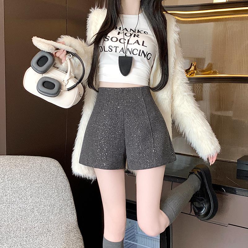 Black Woolen High Waist Women's Booty Shorts - Autumn Winter 2024 Korean Style Slim Fit Straight-Leg Shorts