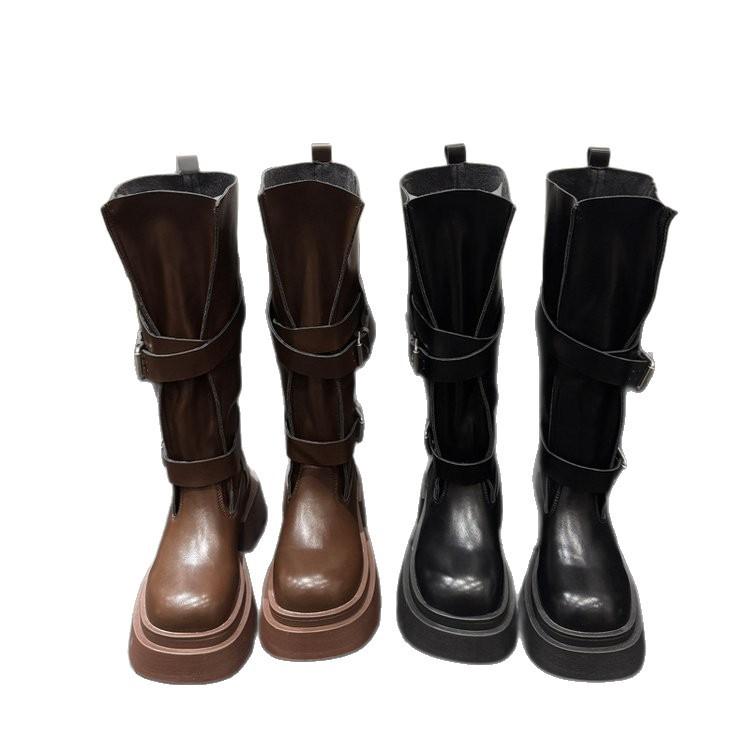 2025 new leather belt buckle locomotive boots women's big head thick heel Martin boots knight boots long boots 7cm venom boots