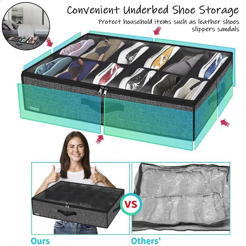 Multi partition visible transparent cover storage box under the bed,portable and foldable non-woven fabric grid shoe storage box
