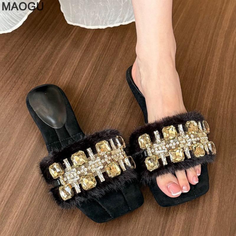 French Rhinestone Buckle Plush Slippers Women's 2026 Spring Autumn New Square Toe Open Toe Slides Sandals for Women Fashion