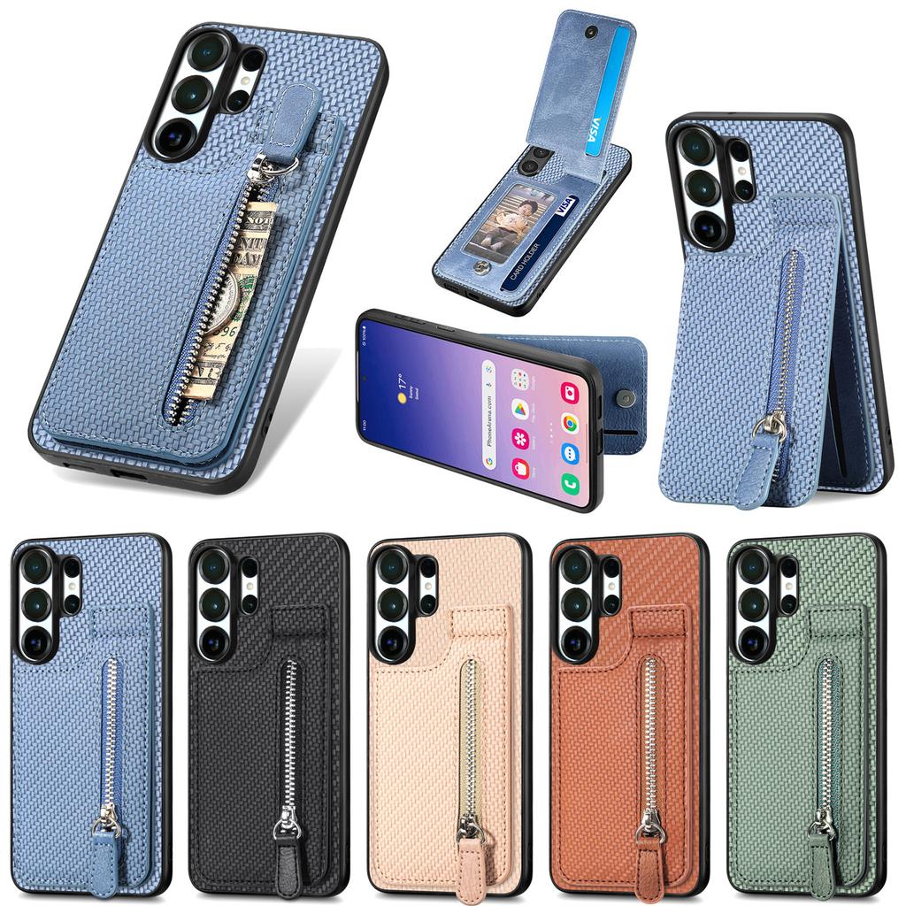Zipper Magnetic Carbon Fibrer Cards Solt Wallet Phone Case For Samsung S25 Ultra S24 Plus S23 A17 A07 Kickstand Flip Cover