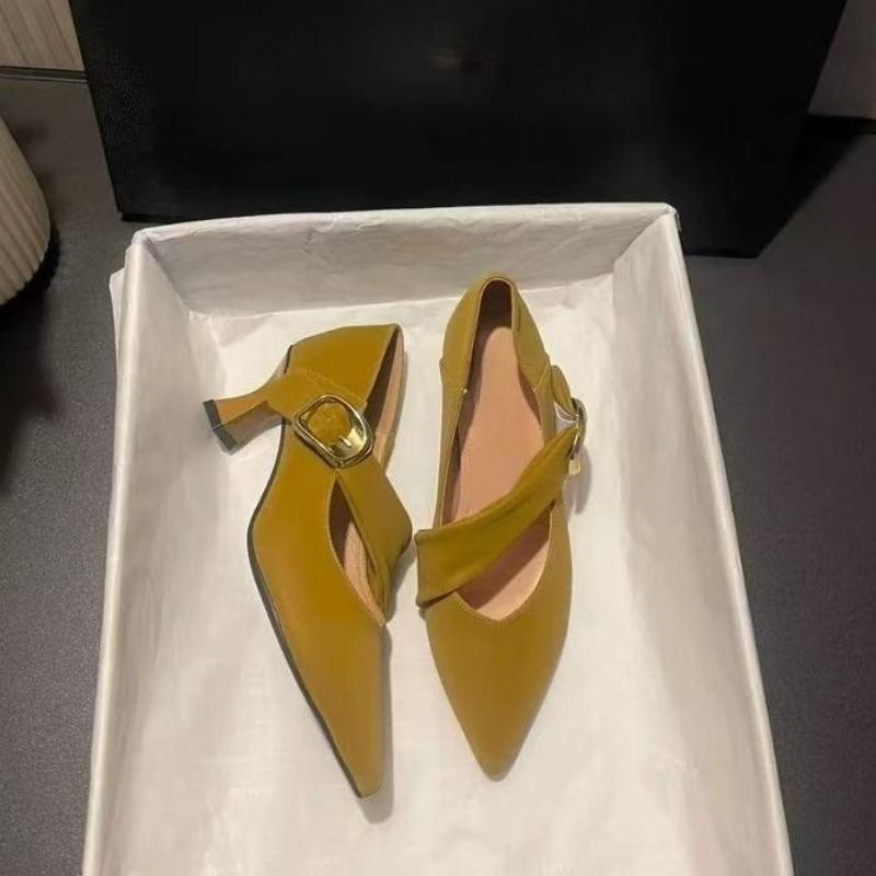 Fashion 2025 Women's Fashion Slim Heel Shoes Autumn New Pointed Head Shallow Mouth Metal Buckle A Word with Temperament Low Top Shoes