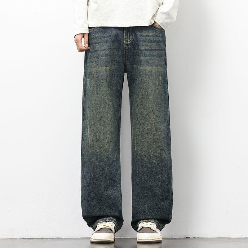 American Retro Trendy Brand Washed Old Jeans Men's Trend Fashion Loose Wide Legs Straight Daily Long Pants