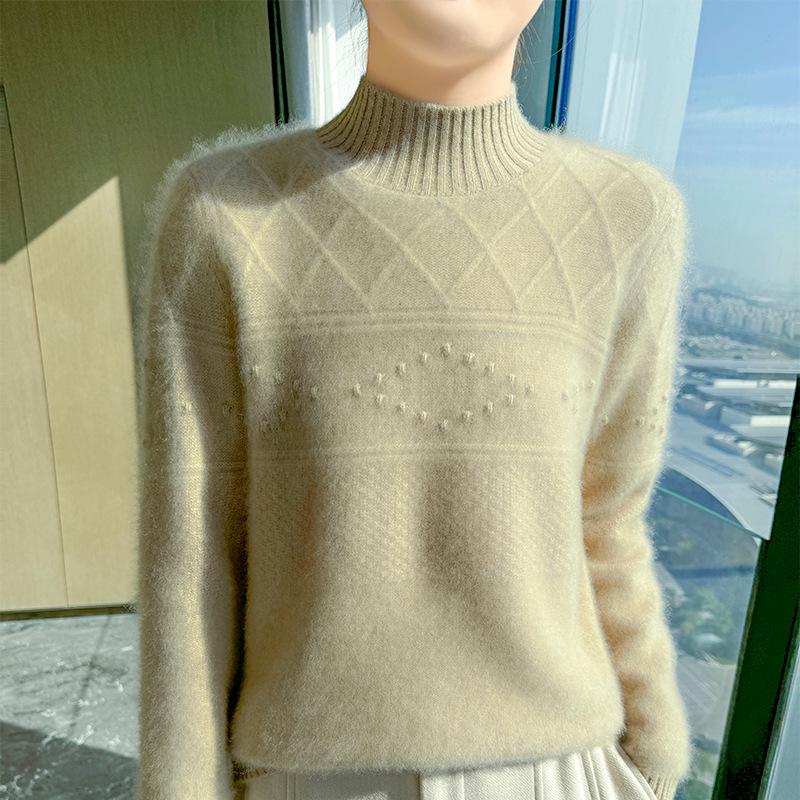 2024 Autumn/Winter Women's Wool Sweater: Thickened, Half-High Collar, Cable Knit, Loose Fit