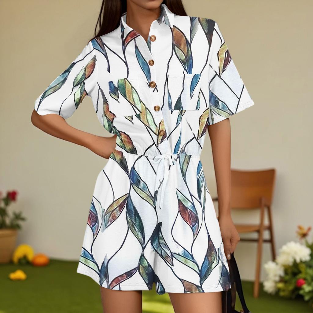 Damenmode V-Ausschnitt Jumpsuit Karomuster Lässig Kurzarm Top Jumpsuit