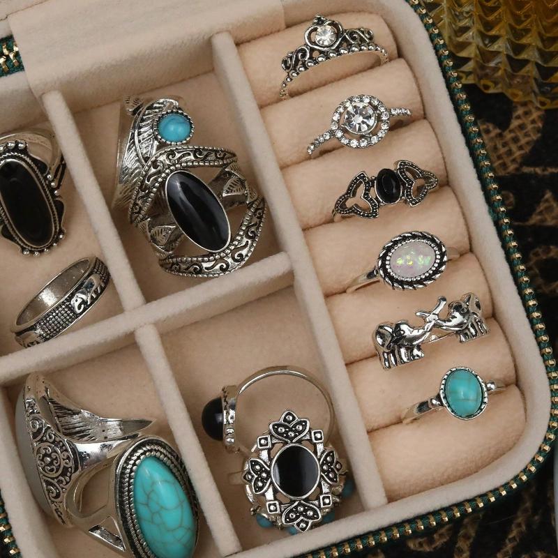 39pcs Bohemian Vintage Style Ring Set - Mixed With Simulated Diamond & Crystal, Suitable For Daily Fashion And Festival Nights (No Box)