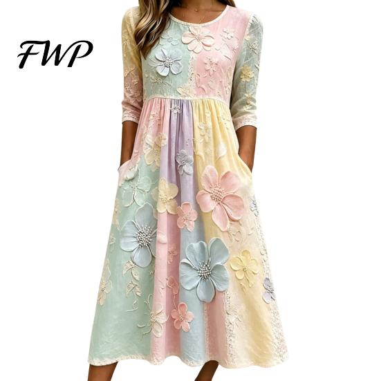 Slimming Dresses to Hide Tummy Long Sleeve Floral Dress, Women Cottagecore Waist Cinching Versatile Print Midi Autumn Dress for Vacation Street Party