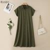 ZANZEA Women Casual Turn Down Collar Loose Short Sleeve Long Dress