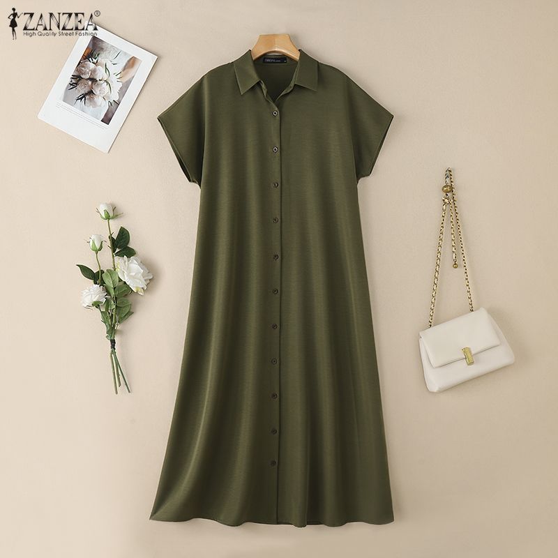 ZANZEA Women Casual Turn Down Collar Loose Short Sleeve Long Dress