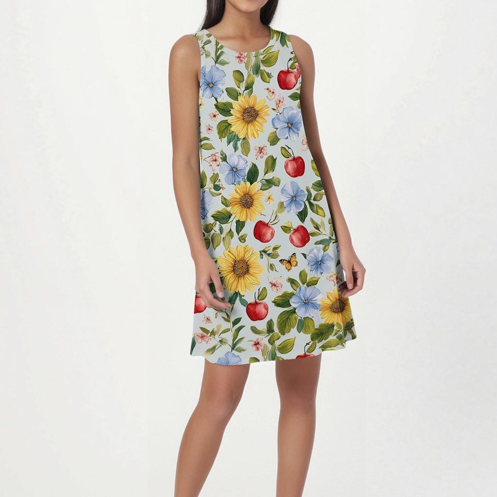 Damenmode Strandkleid Ärmelloses Rundhalskleid mit Blumendruck