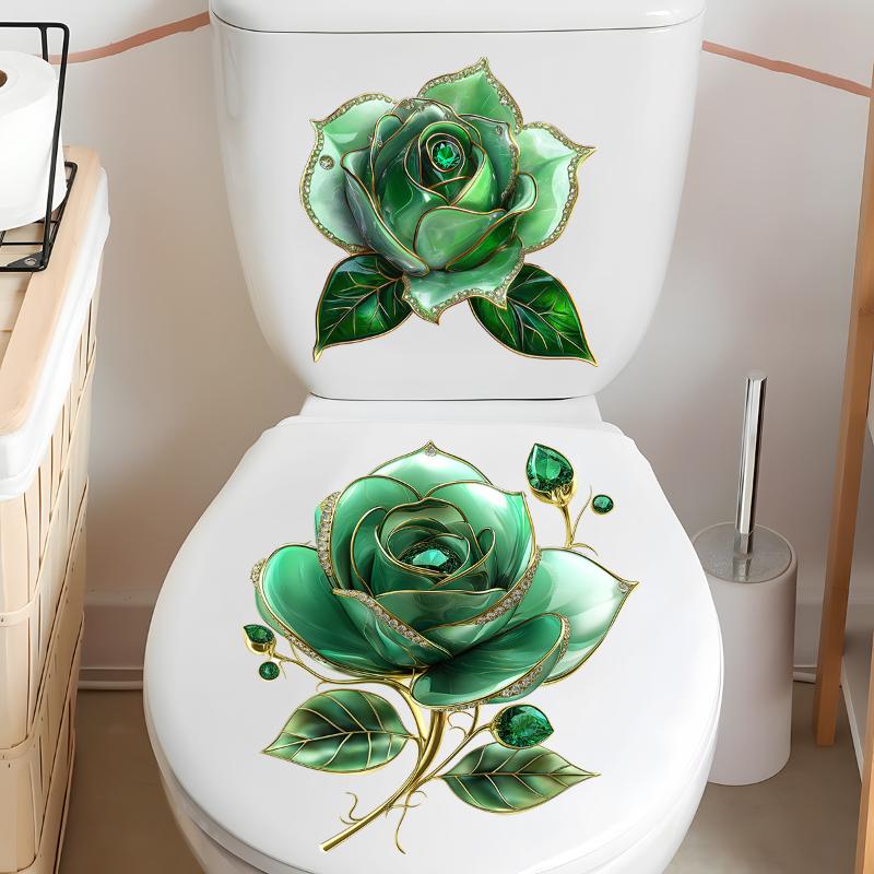 2Pcs Creative Rose Flower Waterproof Toilet Sticker Bathroom Wall Background Decal Home Decoration Self-adhesive Posters