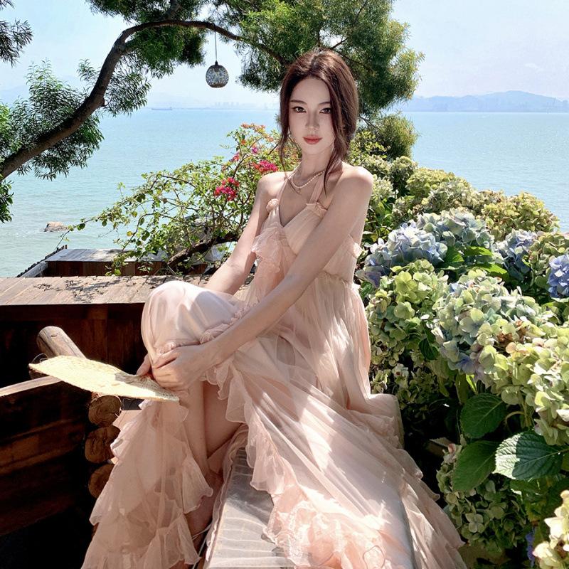 New Vacation Soft Pink Tulle Dress Fairy Elegant Mesh Morning Robe Dress