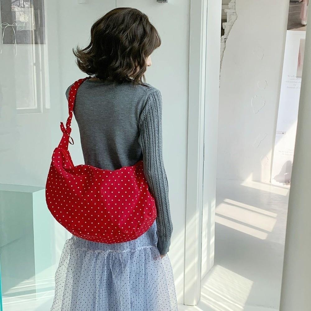 Adjustable Polka Dot Nylon Crossbody Bag Drawstring Lightweight Pleated Shoulder Bag Korean Style Prined Canvas Dumpling Bag