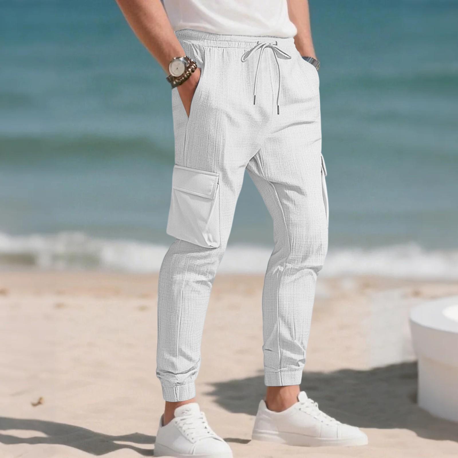 

Мужские свободные повседневные рабочие брюки, эластичный пояс на кулиске, легкие с карманами, удобные и дышащие брюки XL белый