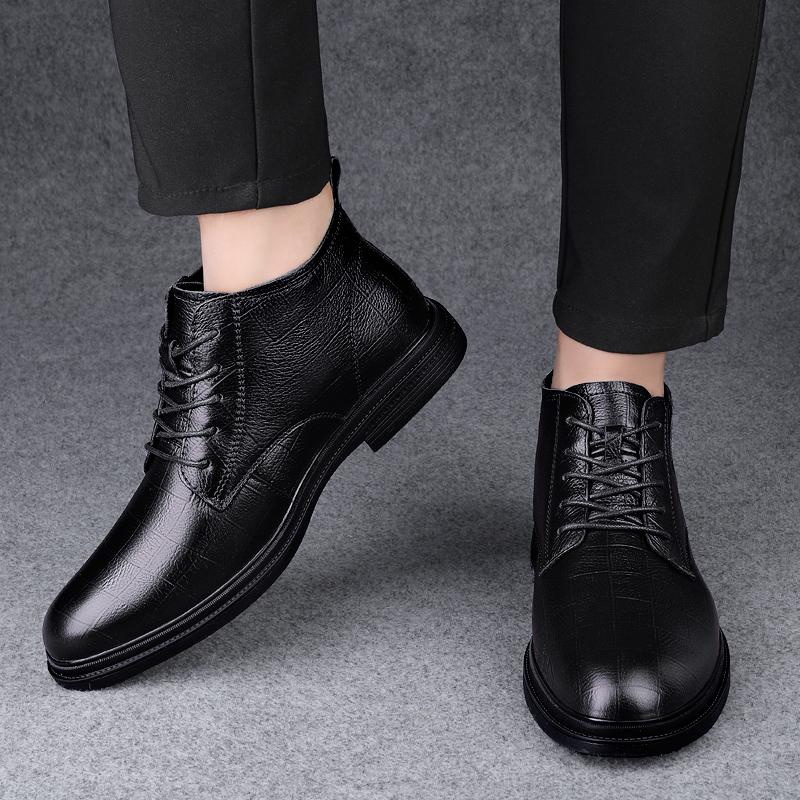 High Quality Lace-Up Male Ankle Boots Fashion Warm Plush Fur Winter Footwear Comfy Snow Shoes Genuine Leather Mens Chelsea Boots