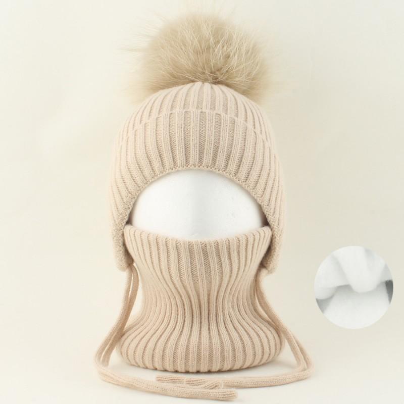 Kids Warm Knitted Hat With Faux Raccoon Fur Pom Matching Scarf Set Winter Cap Boys Girls