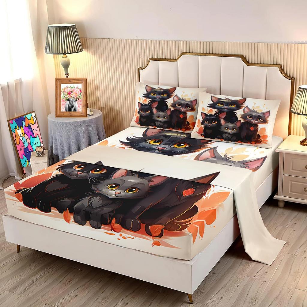 Cute cartoon cat family pattern mattress four-piece bedding set bedroom dormitory bedding set