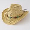 Unisex Hollow Out Woven Straw Cowboy Hat With Turquoise Shell Bead Band