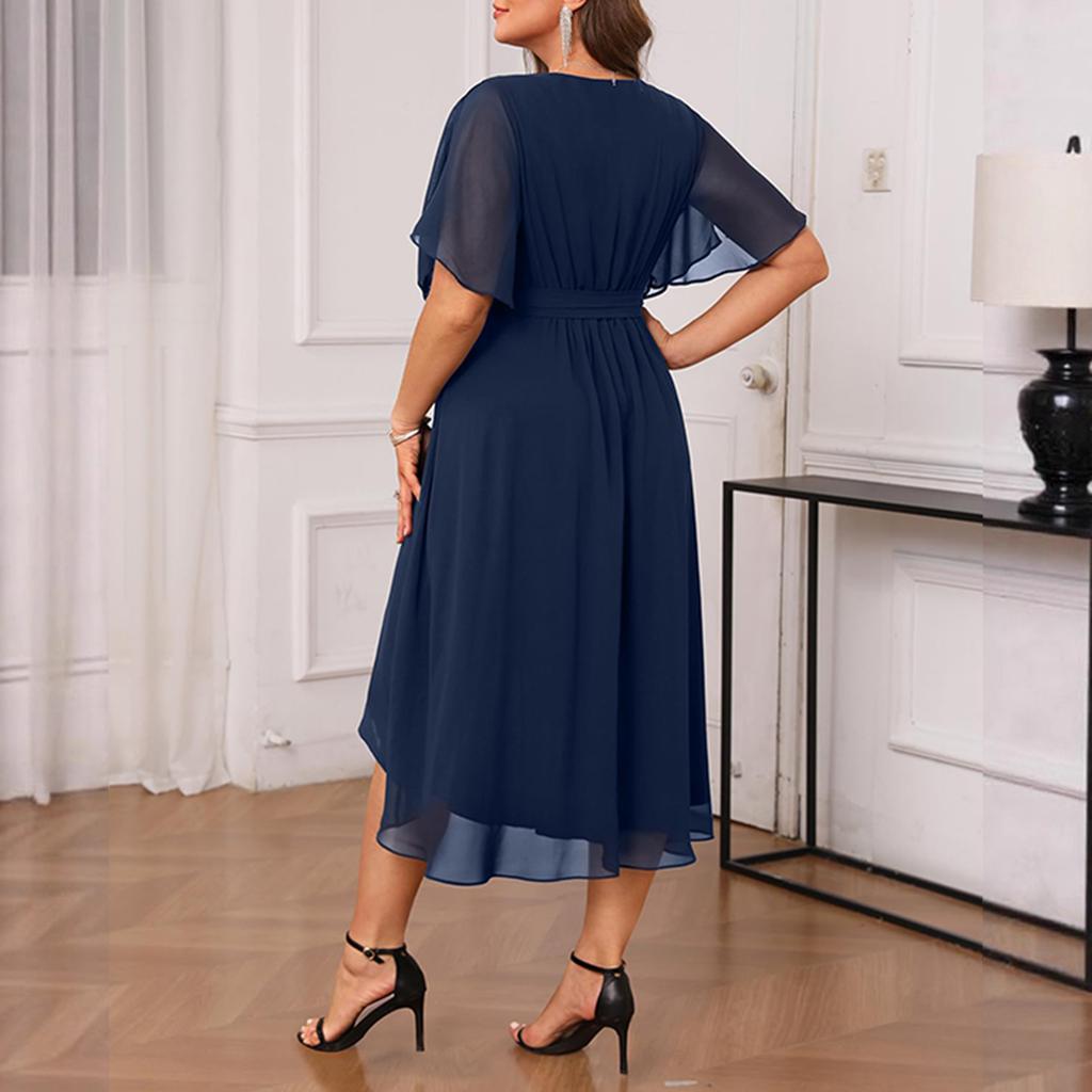 Robe Chiffon Col V Grande Taille Femme Ceinture à Nouer Manches Courtes Ourlet Haut Bas Robe Midi Élégante Décontractée pour l'Été