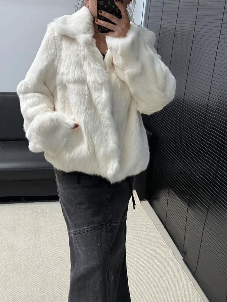 Women's Fashionable Two-Tone Real Rabbit Fur Collar Coat - 2025 Casual Short Style