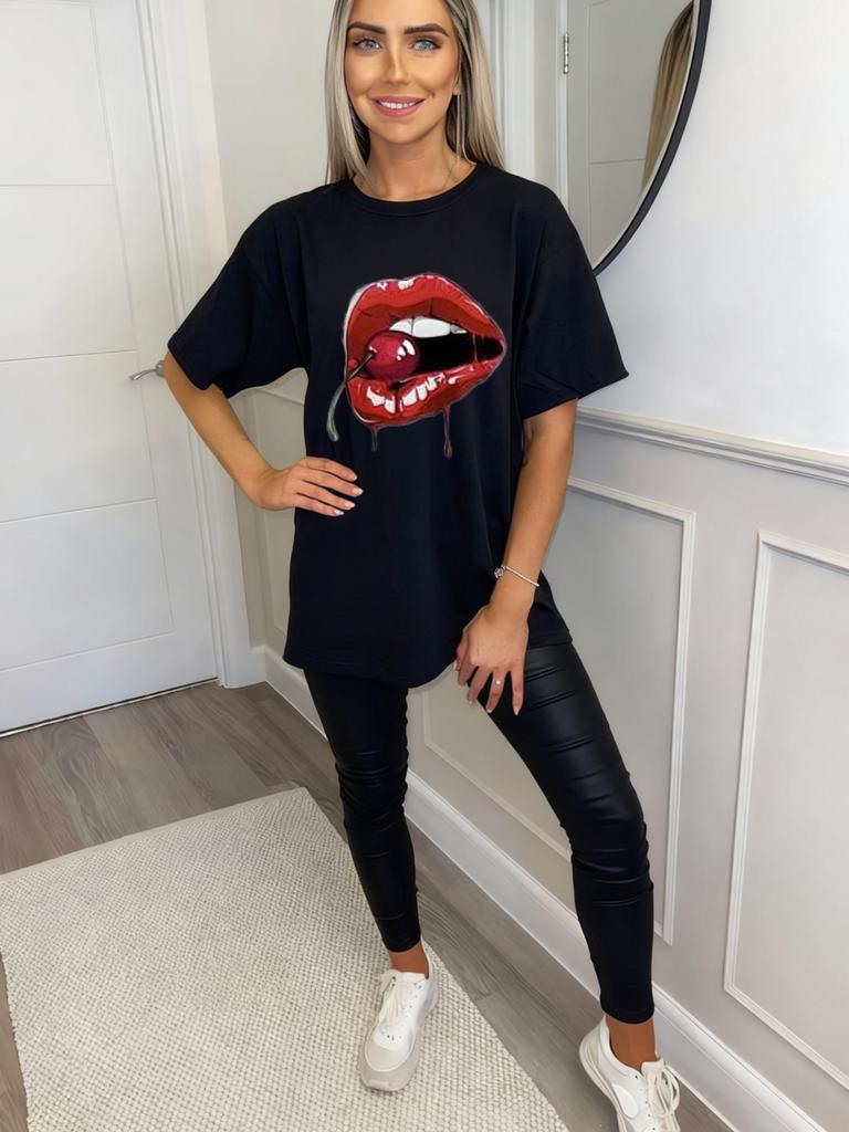 Oversized T Shirt Black Cherry Lips Print Graphic Tee Casual Streetwear Summer Outfit Women Fashion Top