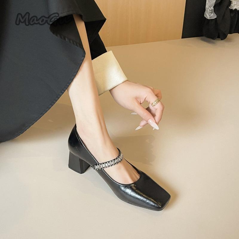 Fashion French Style Black Mary Janes Women's Mid Heel Pumps with Rhinestone Ankle Strap Chunky Square Toe Fashion Work Shoes for Women