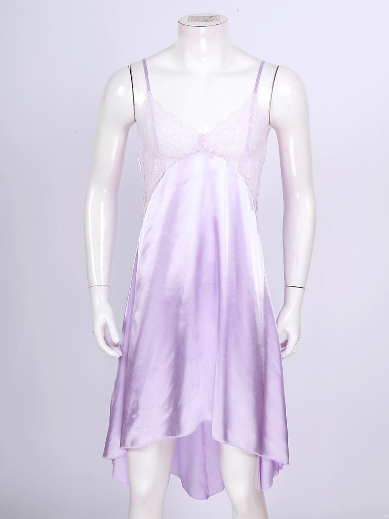 Men's Sheer Lace Patchwork Satin Nightdress Sissy Crossdress Lingerie Nightwear Pajamas