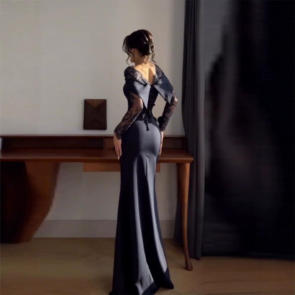 Women's Light Luxury Lace Splicing Square Neck Long Sleeve Dress Women's Waist Wrap Hips Skinny Long Dress