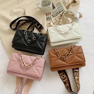 Newest Wide Strap Shoulder Bag Solid Square Crossbody Bags For Women Fashion Design Handbags Chain Female Cross Body