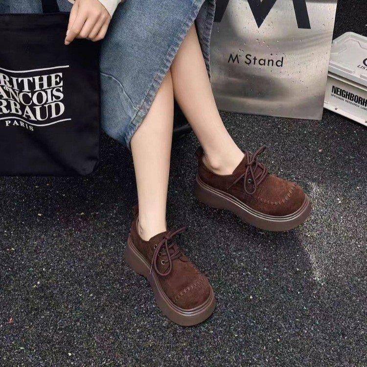 Muffin Platform Loafers Women's Autumn 2025 New Versatile Lace-up Retro Small Man Height-increasing Single Shoes Women