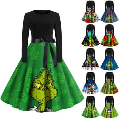 Moda feminina gola redonda estampa de natal manga comprida vestido casual