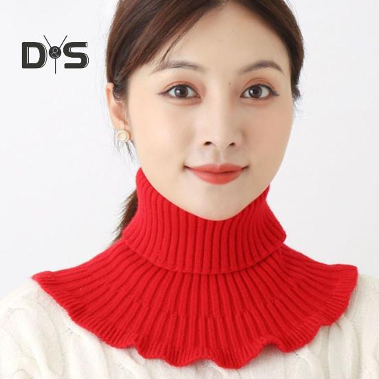 Damski szalik z wysokim kołnierzem, prążkowana faktura, falbaniasta lamówka, jednolity kolor, dziergany kołnierz, jesień, zima, pogrubiony, ciepły, fałszywy kołnierz