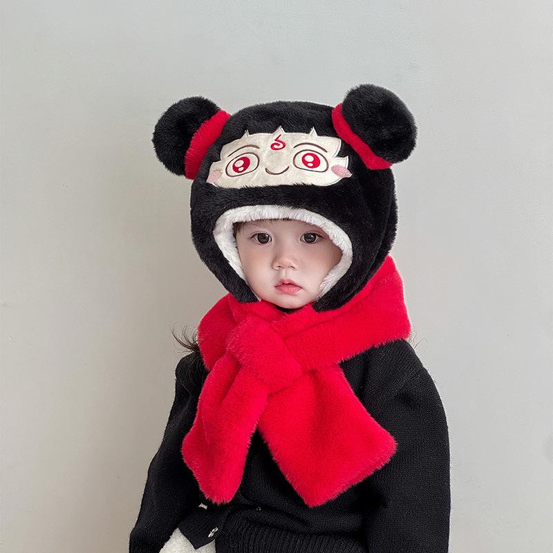 Children's Scarf and Hat All in One Festive and Cute Nezha Ear Protection Hat Warm and Thickened Plush Pullover Hat for Men and Women