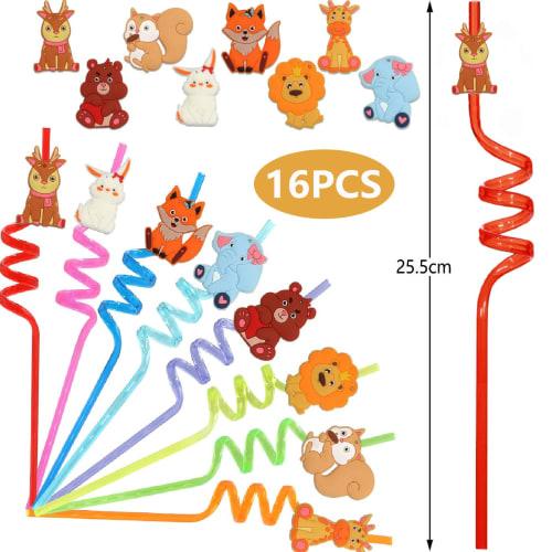 16 Animal Straws, BetterJonny Reusable Jungle Animal Plastic Straws In Colors for Kids, Long Straws, for Smoothies, Cocktails, and Hot Drinks