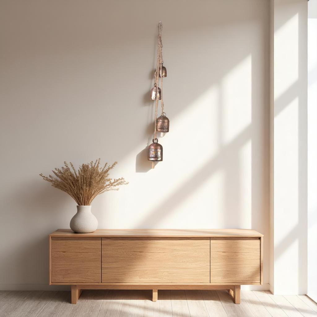 Handmade Rustic Gold Wind Chimes for Outside Garden, 4 Indian Bells with Jute Rope for Patio Decor and Meditation Spaces