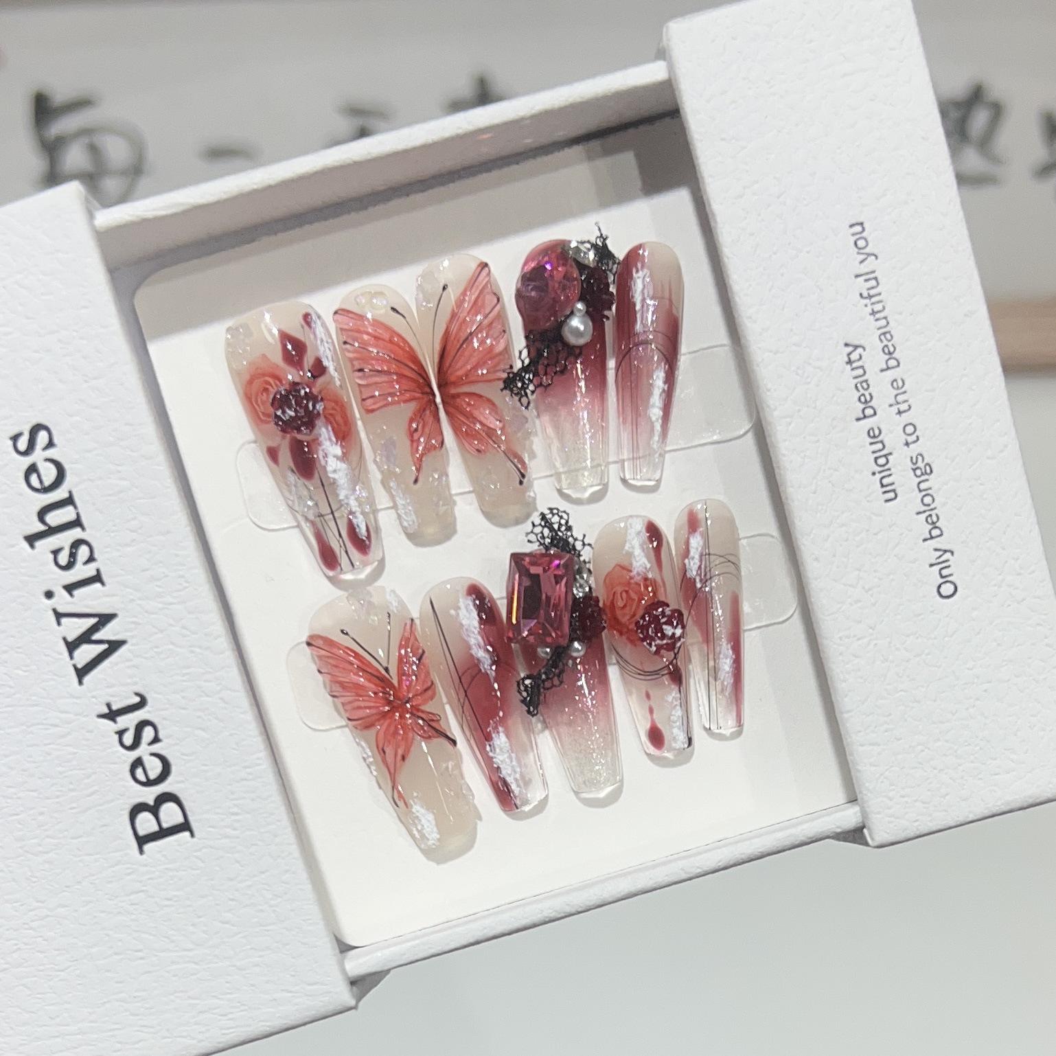 

**Begonia Butterfly Long Red Rose & Ice Nude Removable Fake Nails** Large