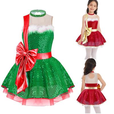 Vestido de baile navideño con lentejuelas brillantes para niñas, disfraces de Papá Noel, vestido de tutú de ballet, vestido de patinaje sobre hielo