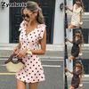 Women's Vacation Slim Fit Sexy V-Neck Polka Dot High Waist Bow Tie Knot Dress Mini Skirt