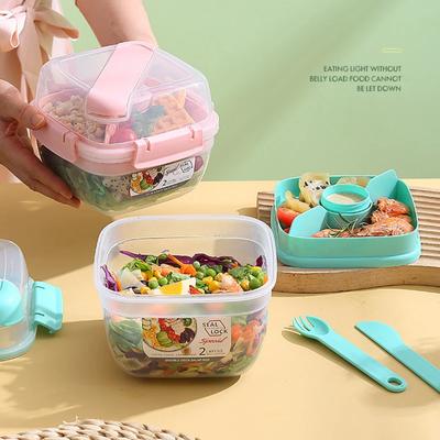 Tragbare Lunchbox mit 2 Salatschüsseln und Gabel für die Zubereitung von Mahlzeiten, Frischhaltebehälter, versiegelt, auslaufsicher, Bento-Lunchbox