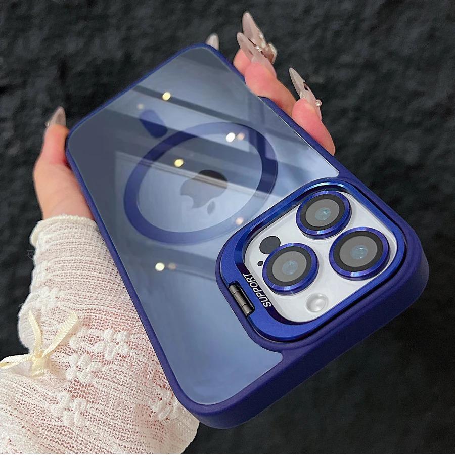 Fashion Ring Stand Magnetic Case For iPhone 16 15 14 Plus 13 12 11 Pro Max Case with Glass Lens Protector Phone Case for Magsafe